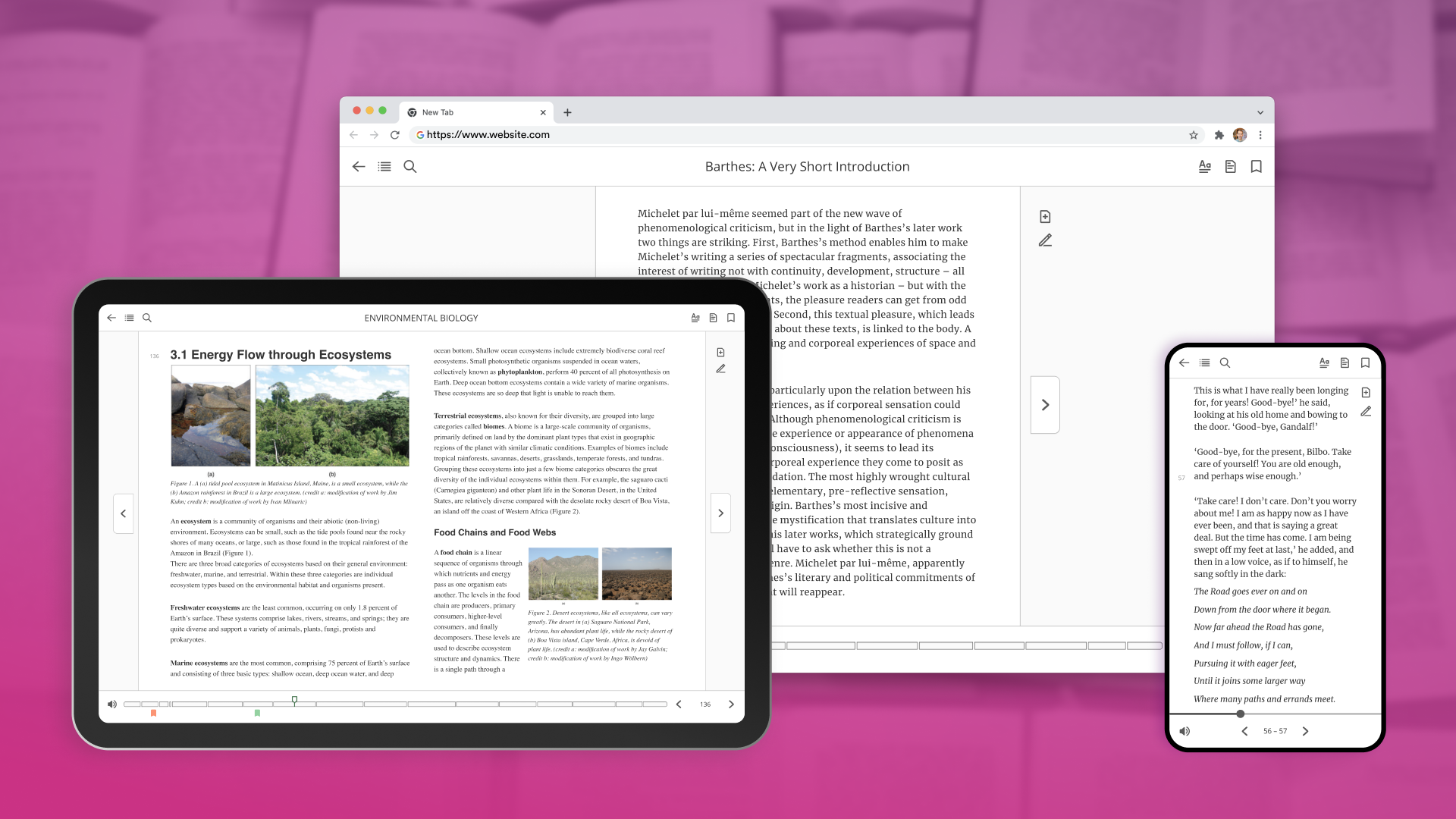 From left to right: A tablet, a Google Chrome's desktop browser, and a phone display textbooks presented within Flowpub, an E-reading interface. Out of focus books fade into a bright pink gradient in the background.