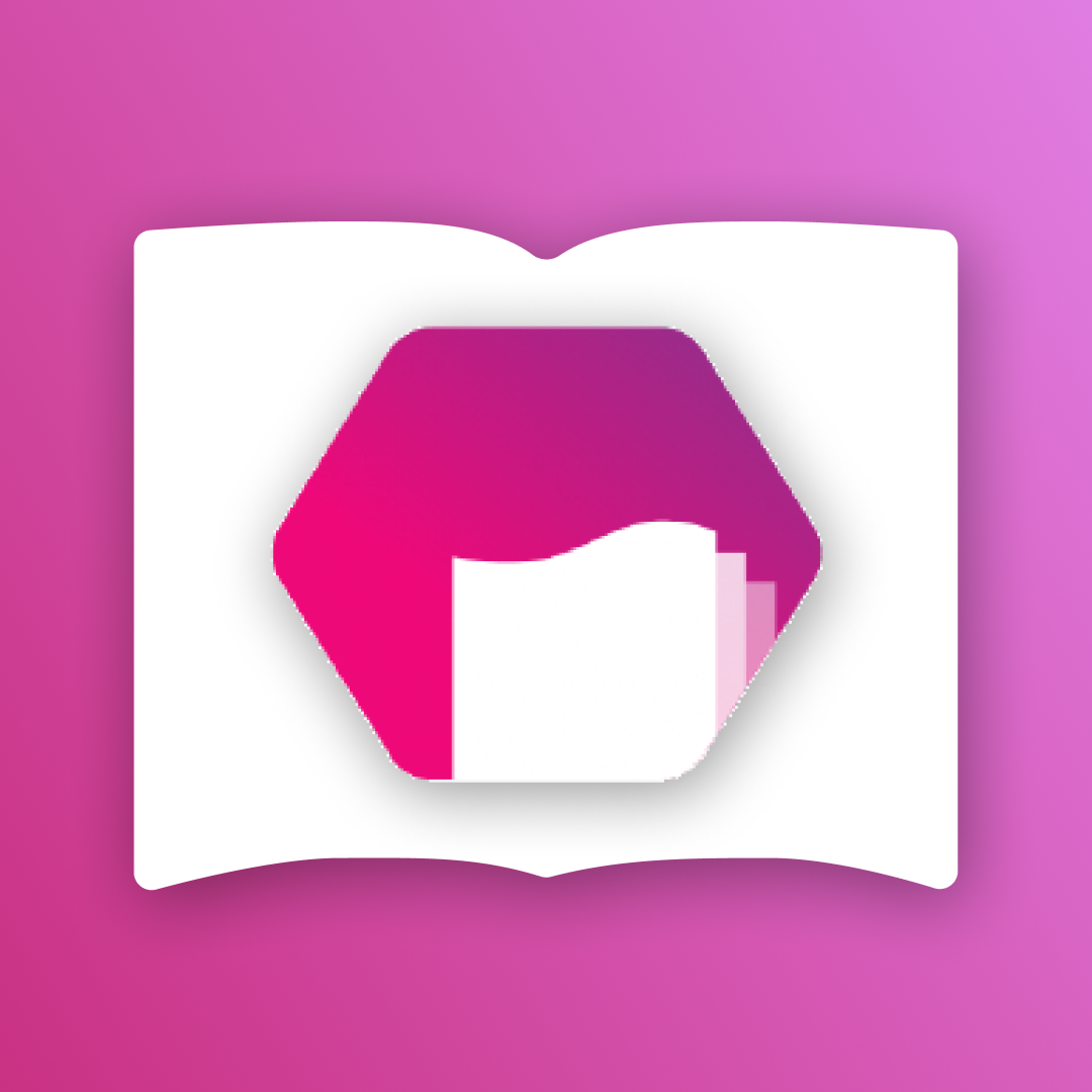 White pages of paper contained in a hexagonal logo float within a book surrounded by a field of pink and purple.