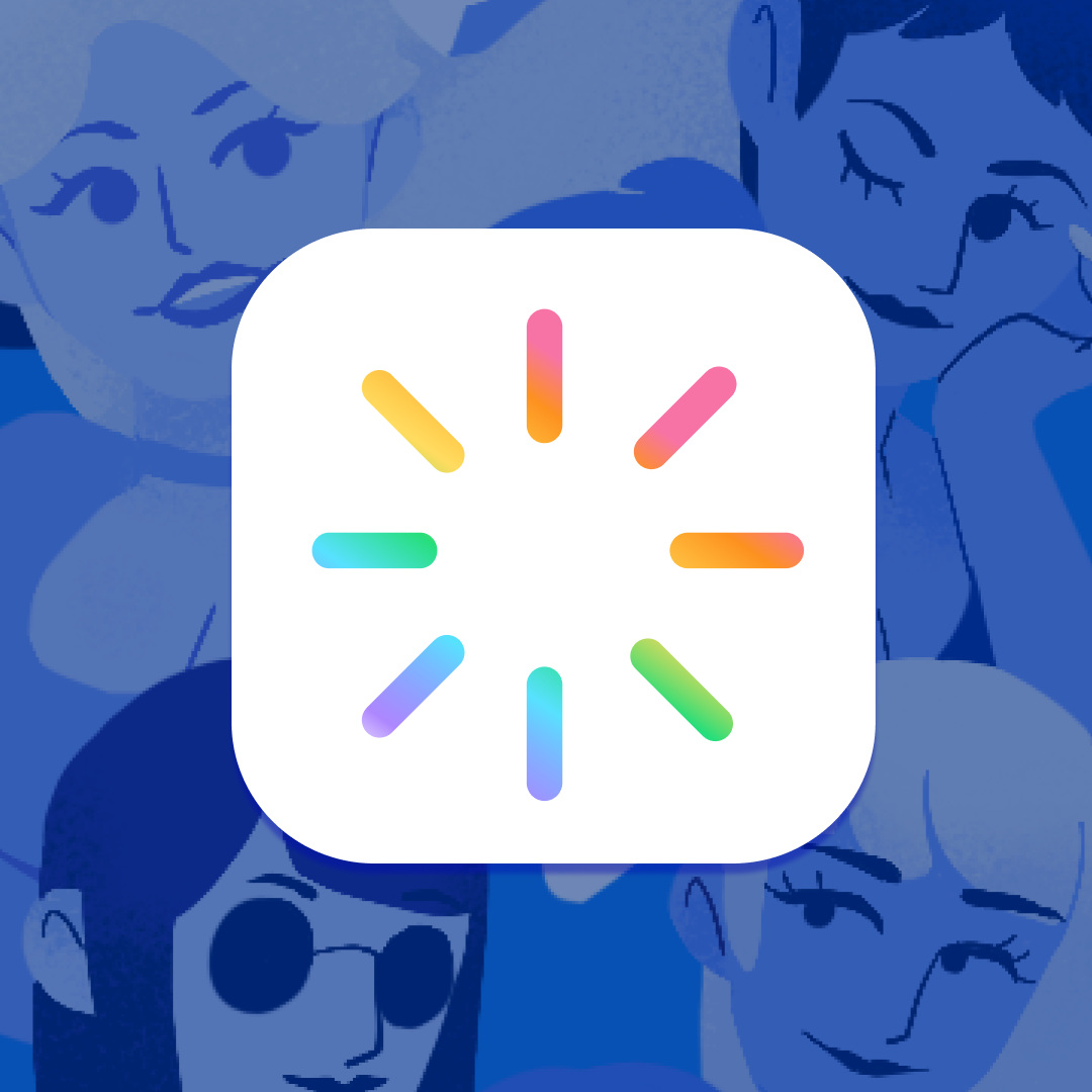 A rounded app icon featuring a rainbow-hued loading spinner. A crowd of welcoming cartoon faces washed in blue tones makes up the background.